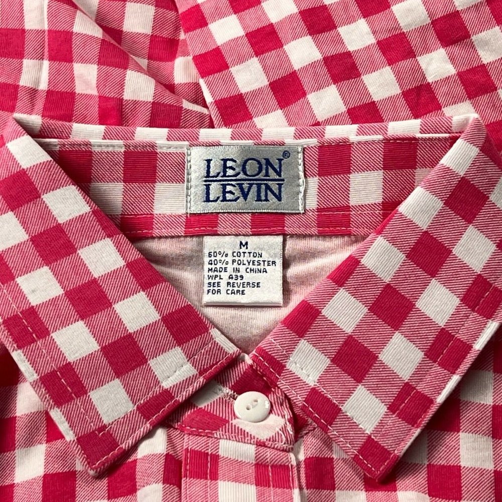 New Leon Levine Polo Shirt Women's Medium Long Sleeve Blouse Pink Gingha… - Picture 4 of 9